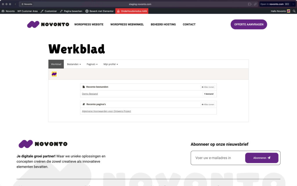 Interface van WordPress-beheerpaneel op Novonto website.