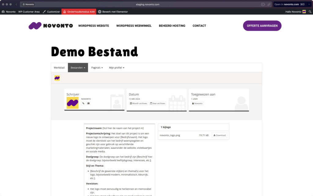 Scherm van WordPress websitebeheer met projectdetails.