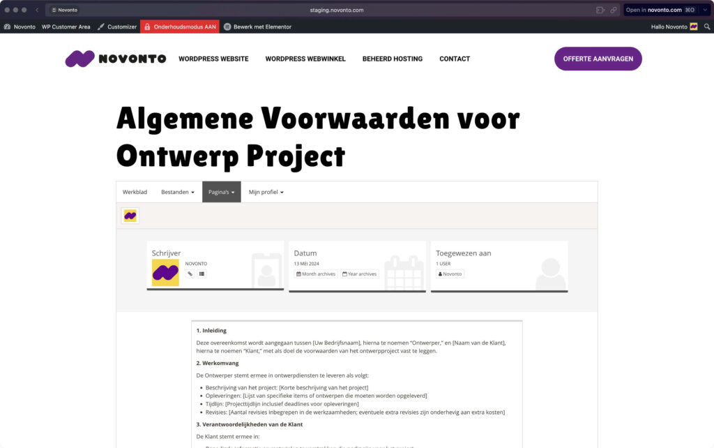 Scherm met algemene voorwaarden voor ontwerpprojecten op website.