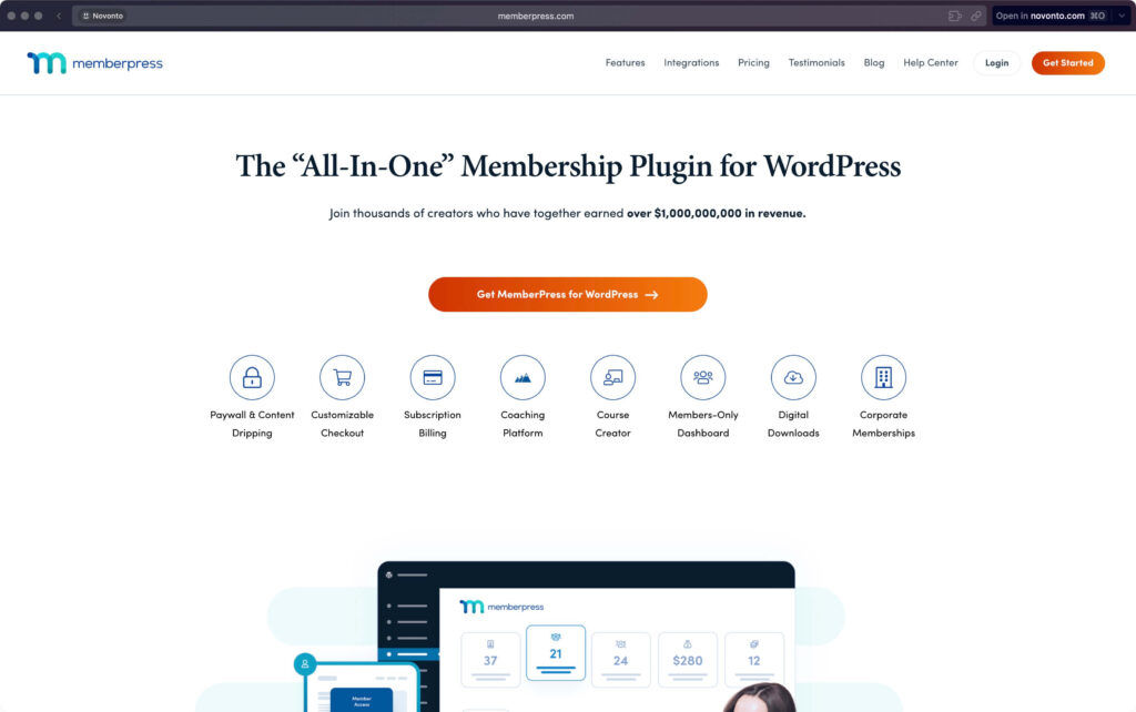 Website MemberPress met features en inkomstenpromotie.