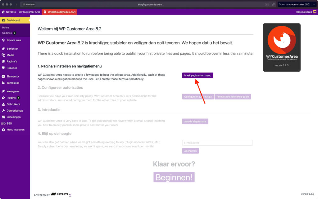 Schermfoto van WP Customer Area dashboardinterface.