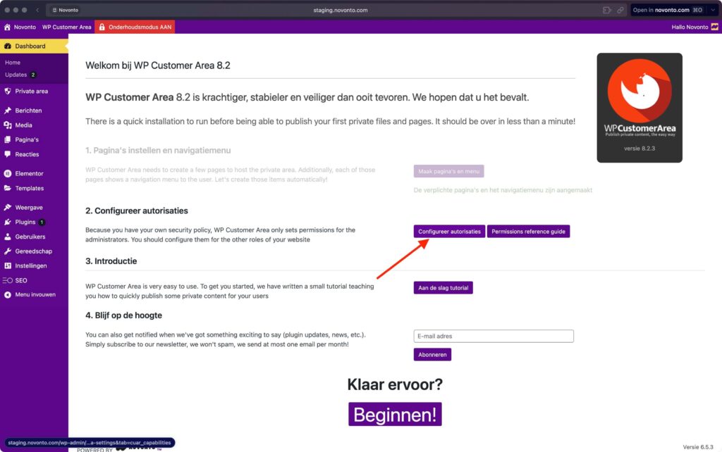 Scherm van WP Customer Area plugin beheer.