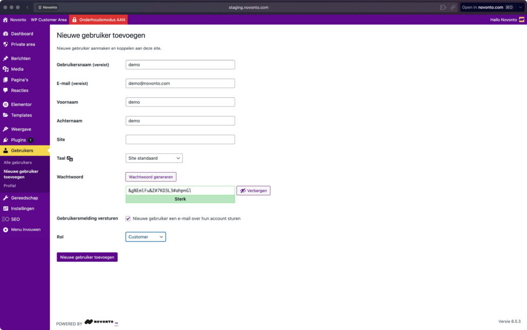 Scherm voor toevoegen nieuwe gebruiker in CMS.