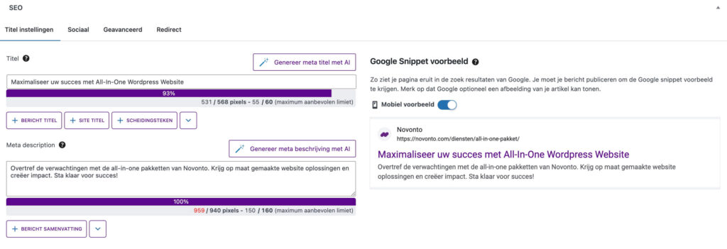 novonto seo waardes aanpassen