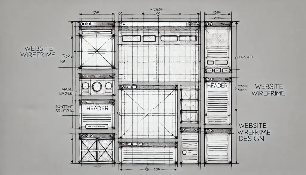 Website wireframe ontwerpschets op grijze achtergrond.